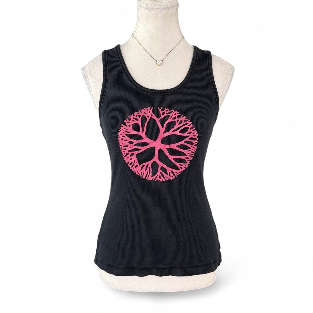 Y2K Jockey Sport Black fitted tank top with pink tree-of-life graphic size large